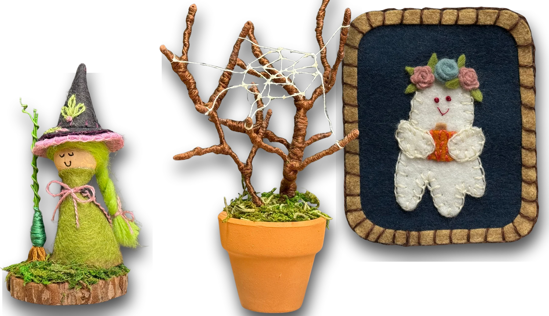 Handmade Halloween pieces from Darilyn Designs: a felt witch figurine, a thread-wrapped spiderweb tree in a terracotta pot, and a framed felt ghost holding a pumpkin