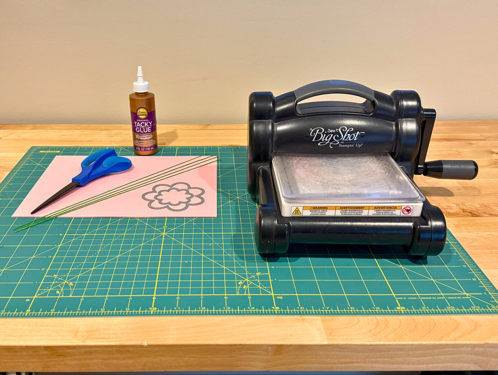 Everything you need to make a paper rose: sissors, cardstock, wire, daisy die, sizzix, glue