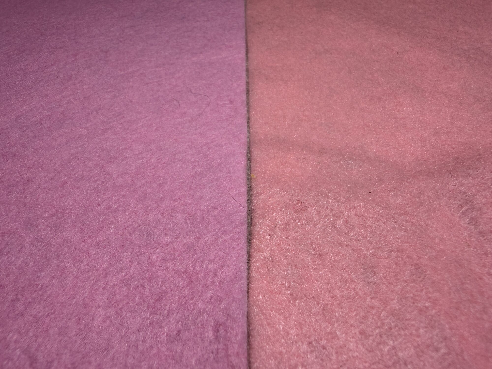 Close-up of wool-blend felt on the left and acrylic felt on the right
