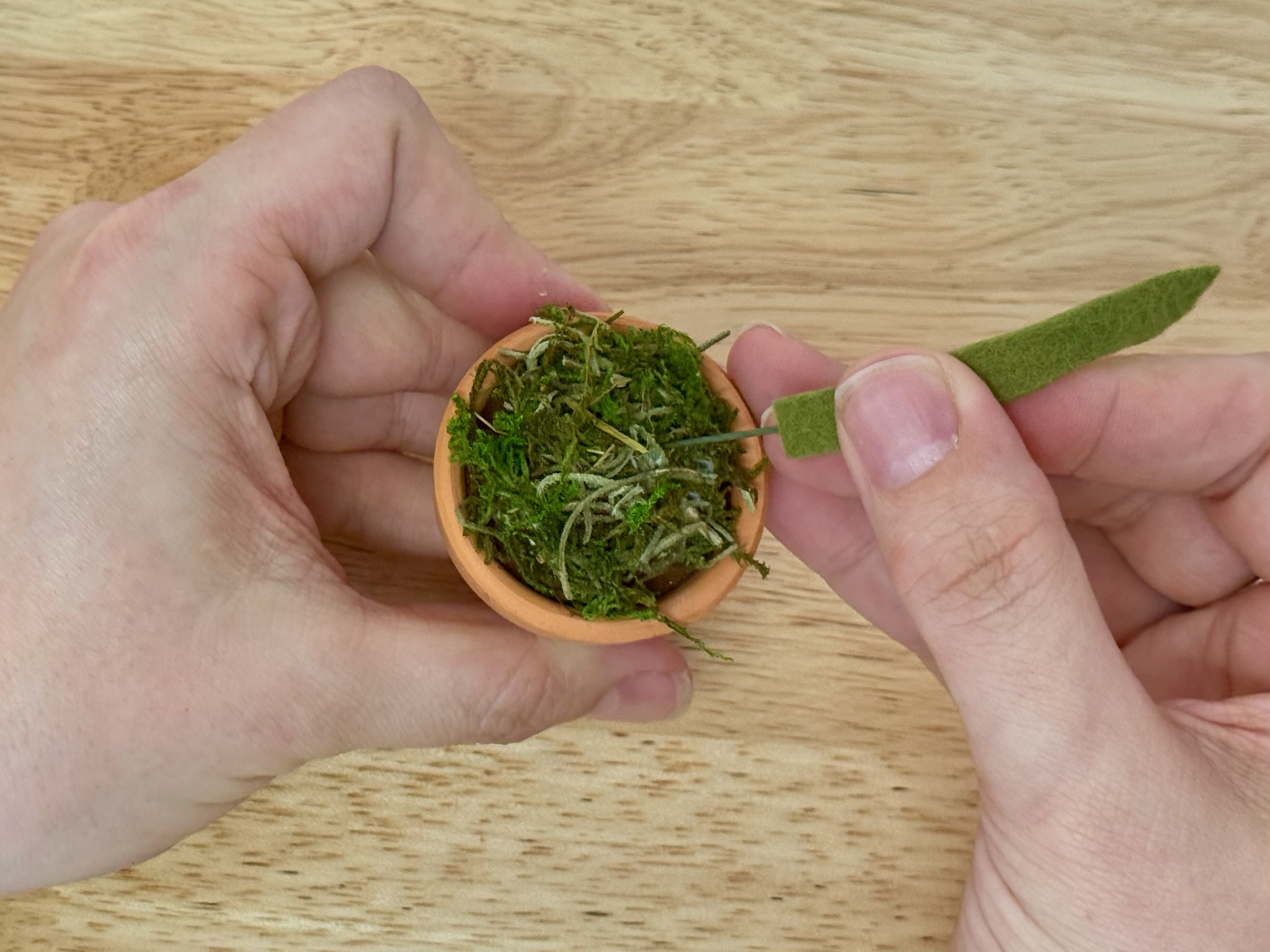 Pushing a leaf wire through the moss into the foam insert
