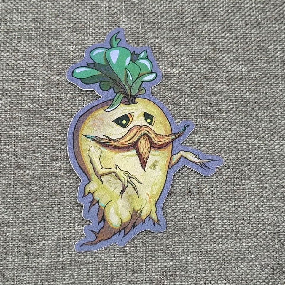 Fredrik the Mandrake sticker: a worried yellow mandrake root with a mustache, spindly arms, and a tuft of green leaves, outlined in purple
