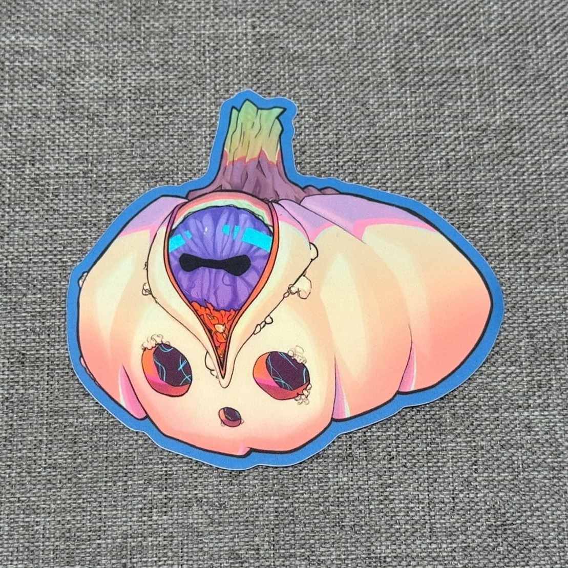 Gus sticker: a pale orange pumpkin with one large swirling eye opening at the top and two small red eyes below, outlined in blue